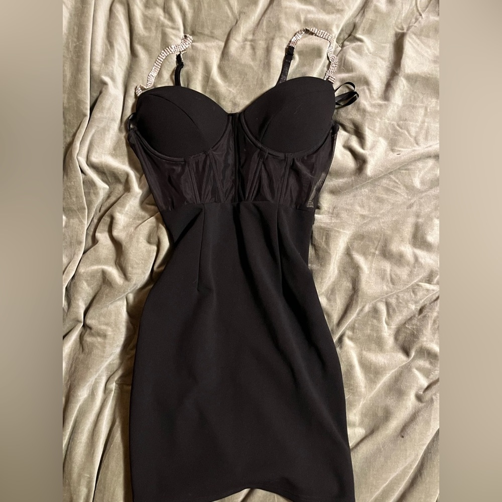 Black Mini Dress With Diamond Straps And Mesh Bodice